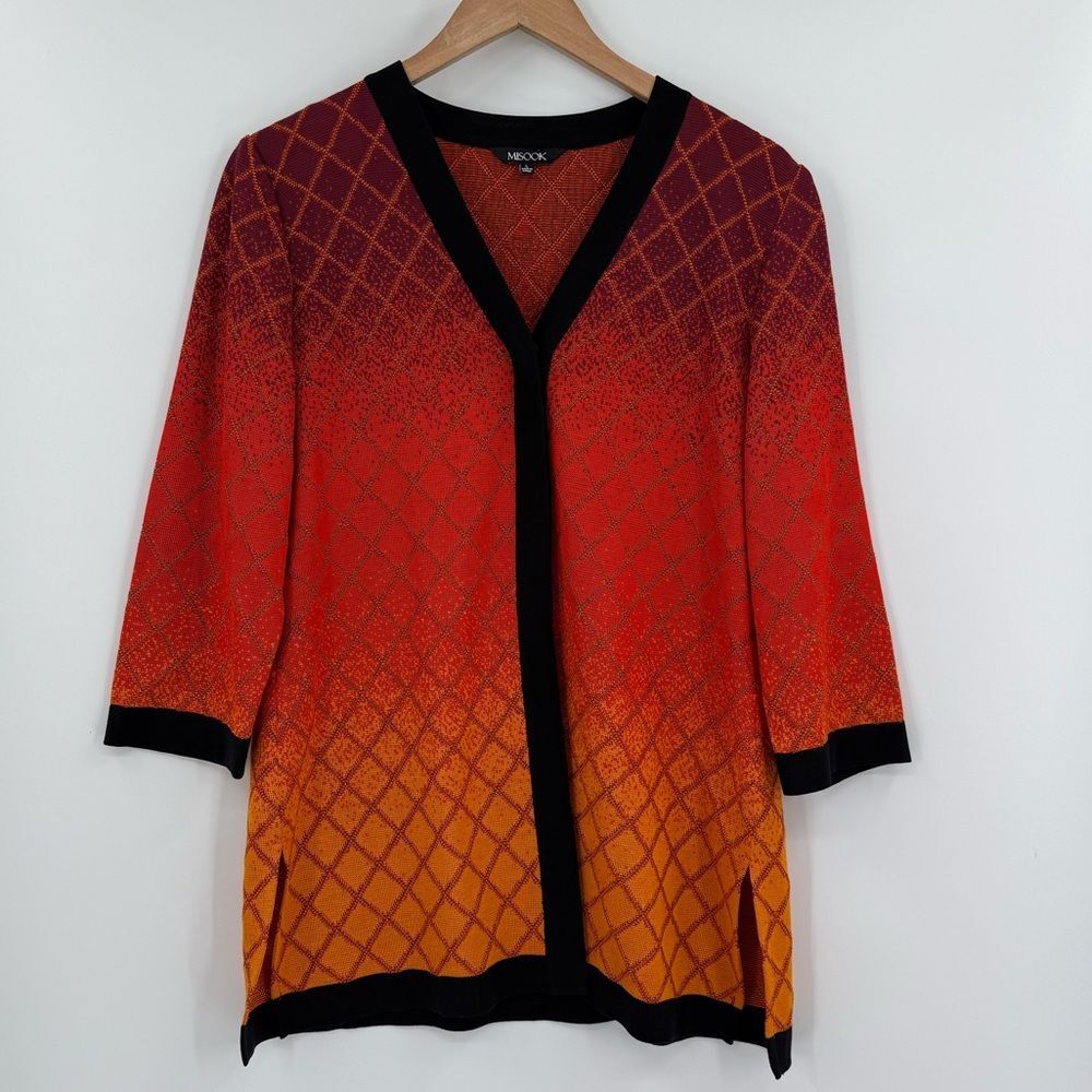 Misook Ombre Knit 3/4 Sleeve Cardigan Jacket | Orange Ombre w/Black Trim | Large - Picture 1 of 5